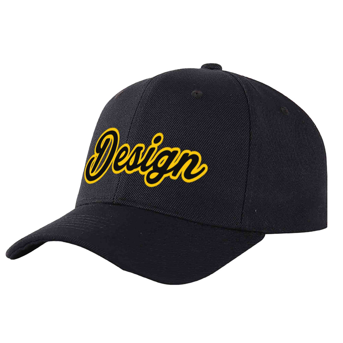 Custom Black Black-Gold 3D Puff Embroidery Flat Embroidery Curved Eaves Sport Design Baseball Cap