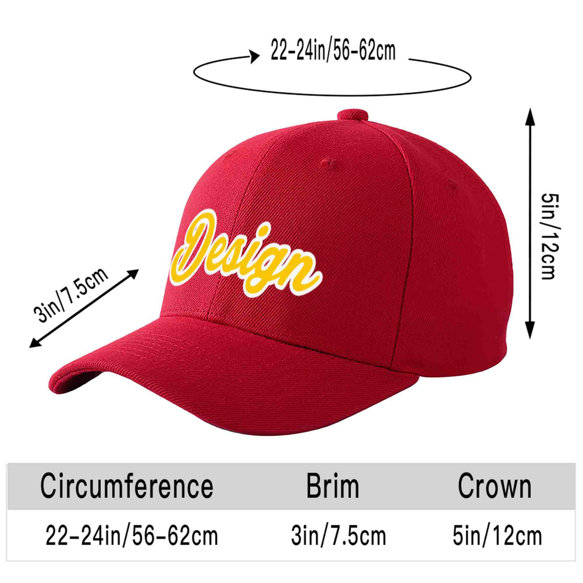 Custom Red Gold-White Curved Eaves Sport Design Baseball Cap