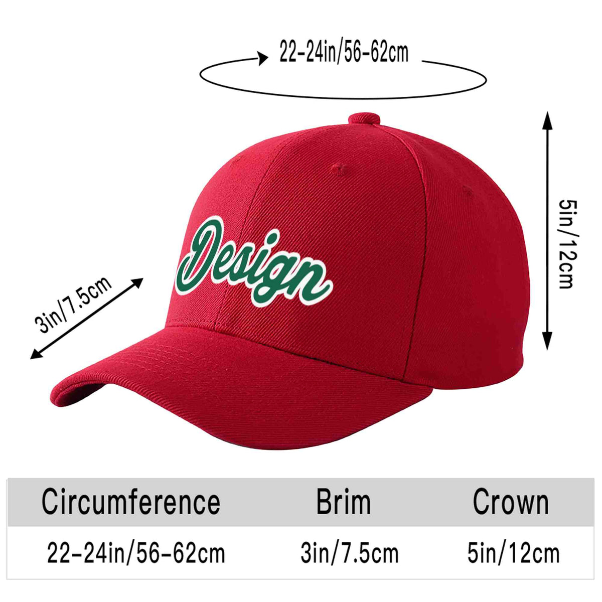 Custom Red Kelly Green-White Curved Eaves Sport Design Baseball Cap