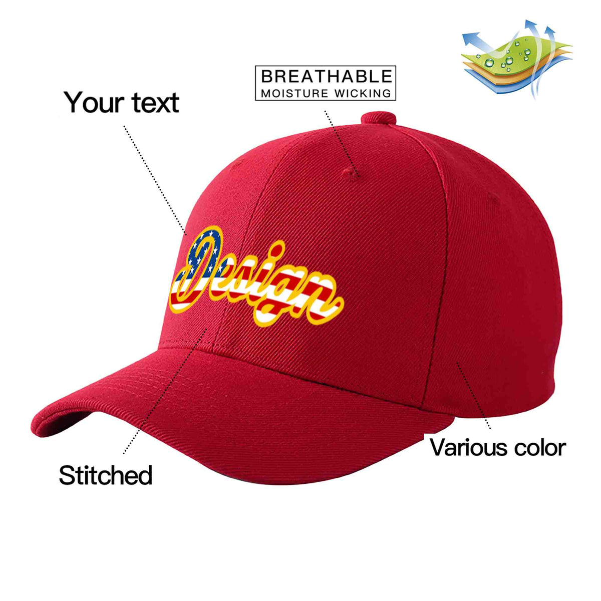Custom Red Vintage USA Flag-Gold Curved Eaves Sport Design Baseball Cap