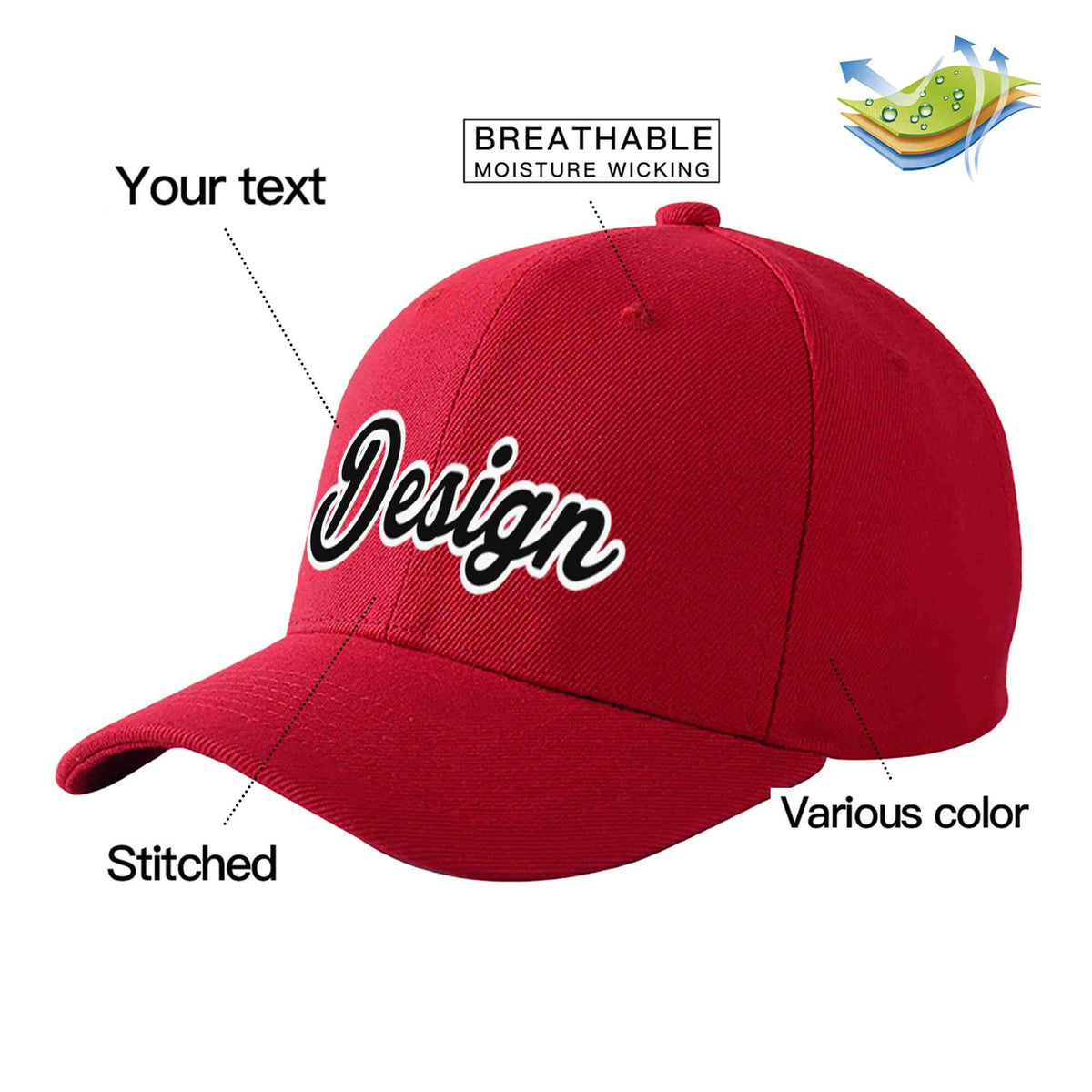 Custom Red Black-White Curved Eaves Sport Design Baseball Cap