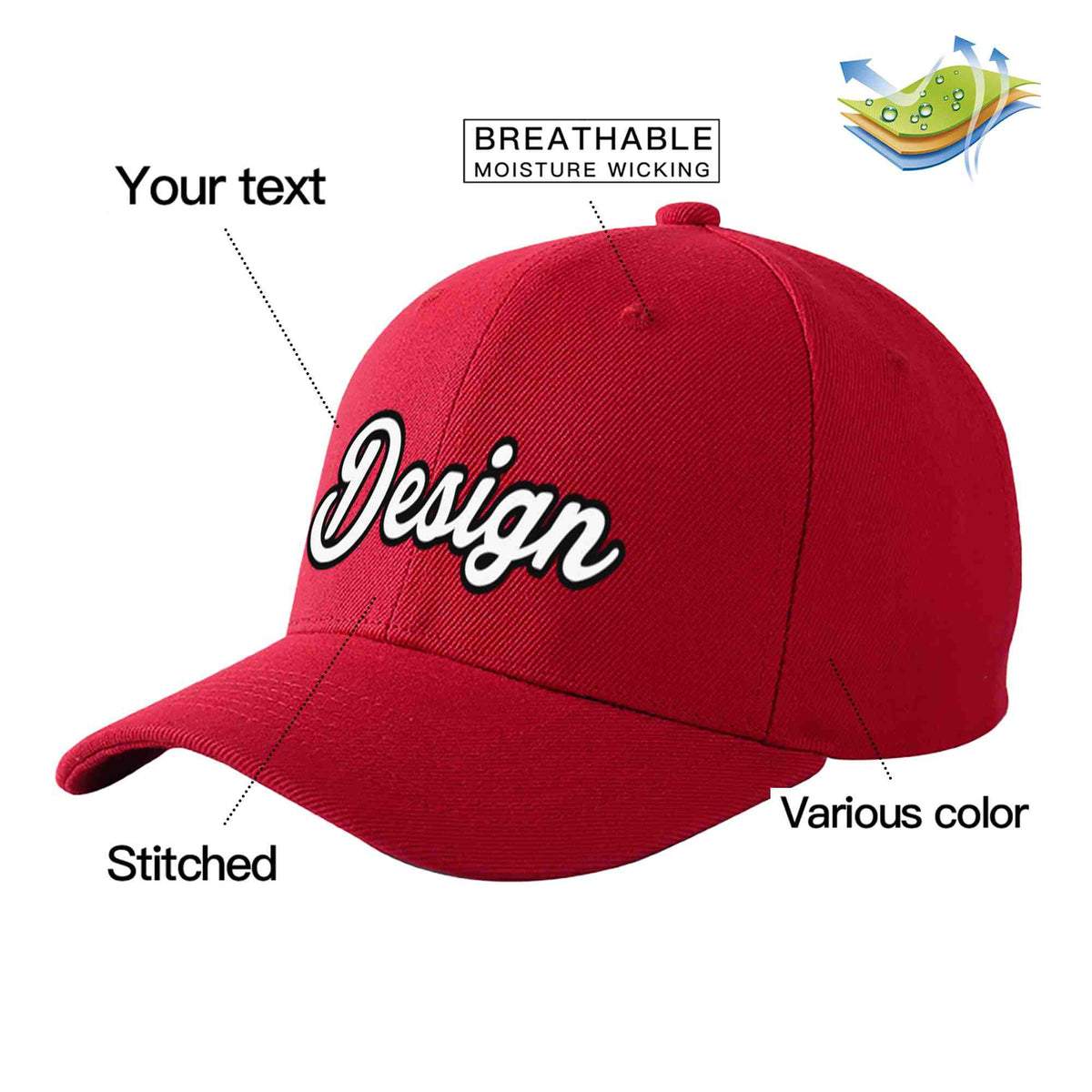 Custom Red White-Black 3D Puff Embroidery Flat Embroidery Curved Eaves Sport Design Baseball Cap