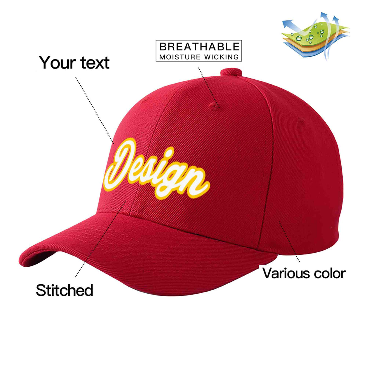 Custom Red White-Gold Curved Eaves Sport Design Baseball Cap