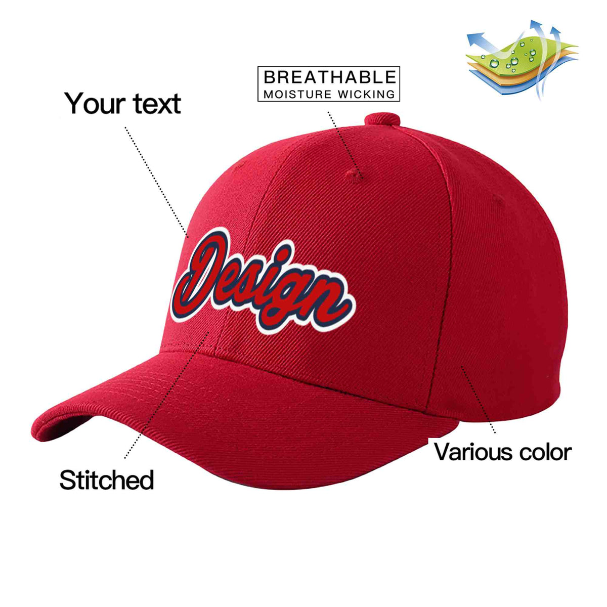Custom Red Red-Navy Curved Eaves Sport Design Baseball Cap