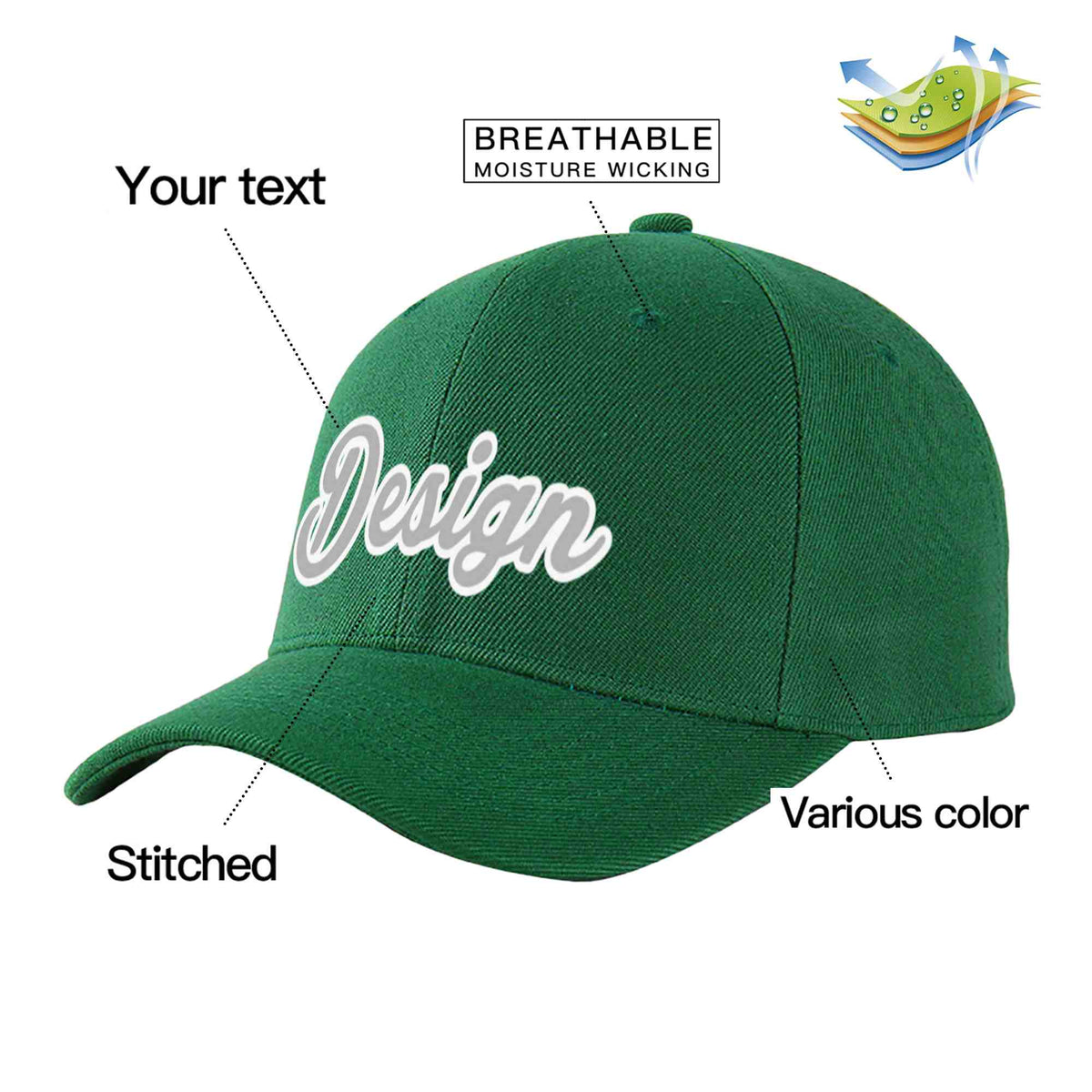 Custom Green Gray-White Curved Eaves Sport Design Baseball Cap