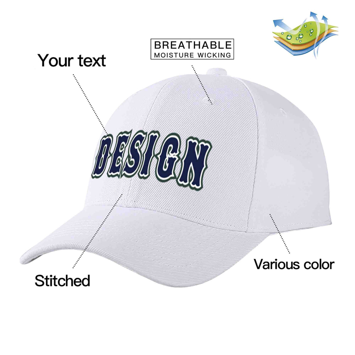 Custom White Navy-White Curved Eaves Sport Design Baseball Cap