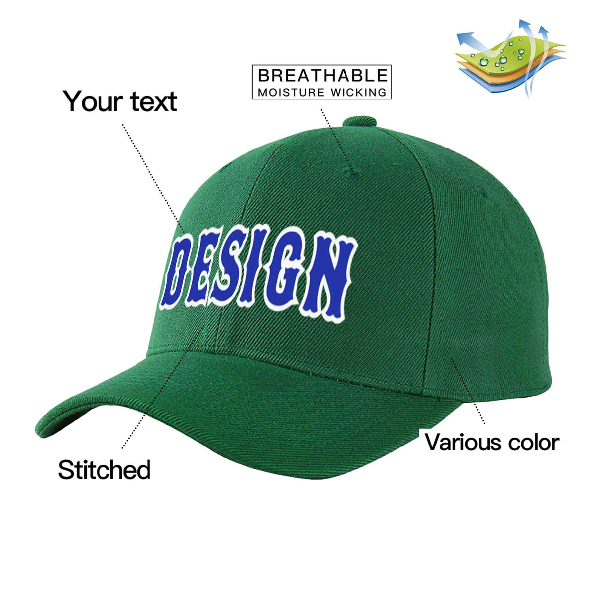 Custom Green Royal-White Curved Eaves Sport Design Baseball Cap