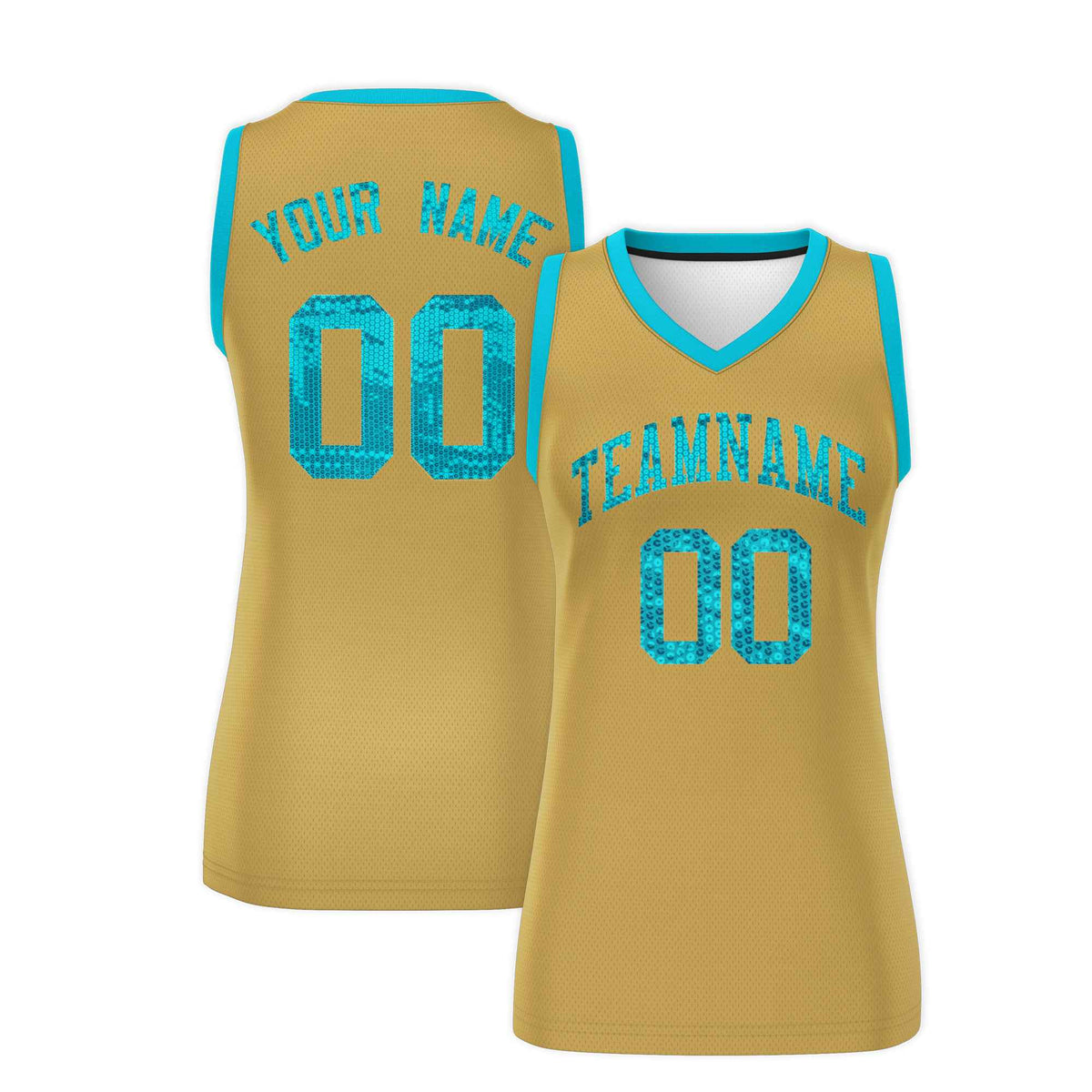 Custom Old Gold Sky Blue Women Netball Sequined Dress