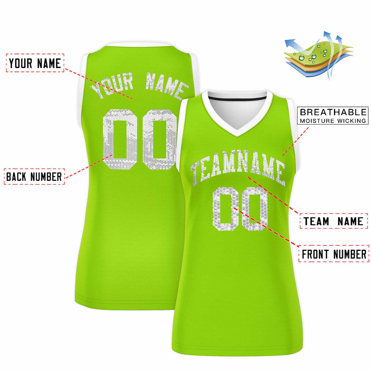 Custom Neon Green White Women Netball Sequined Dress