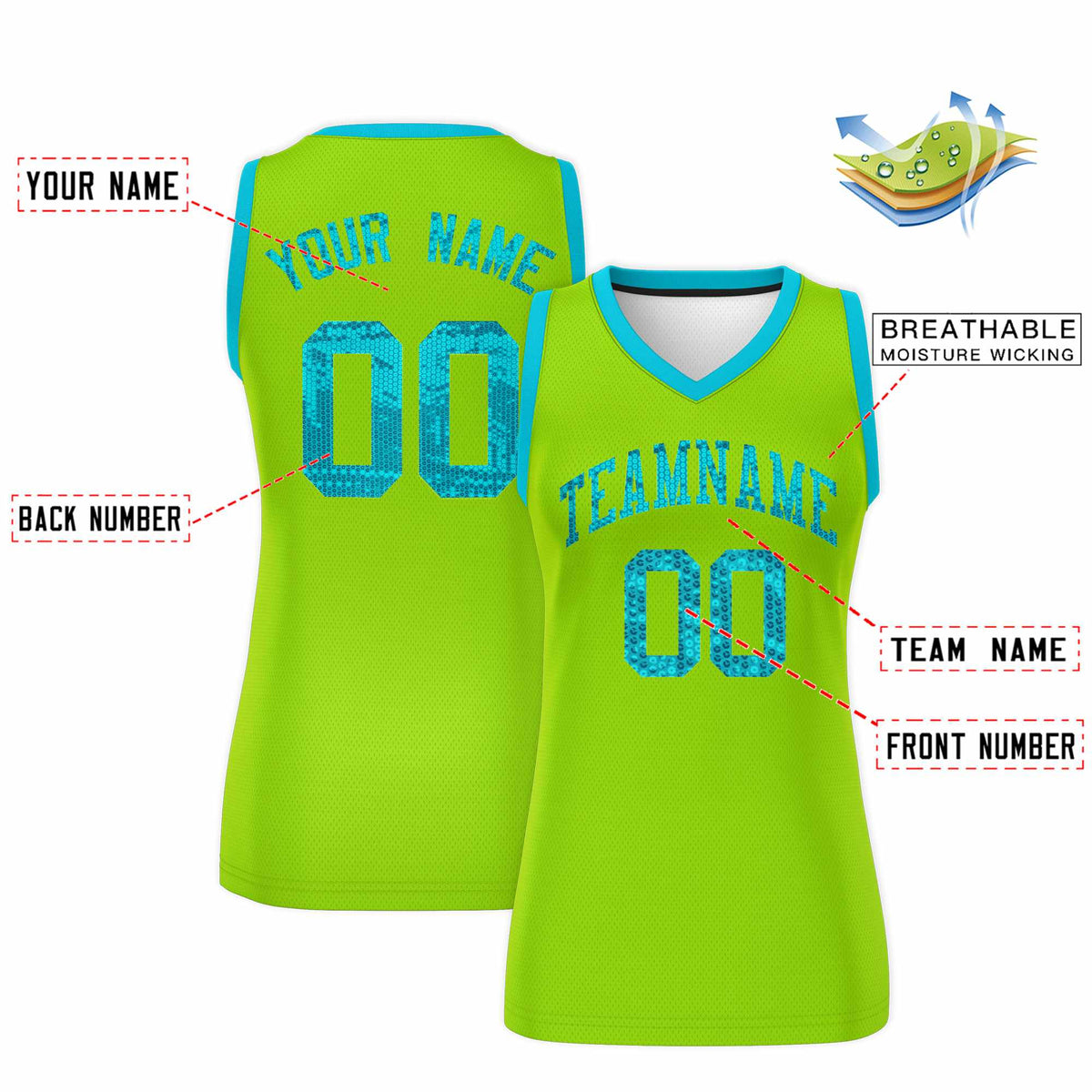 Custom Neon Green Sky Blue Women Netball Sequined Dress