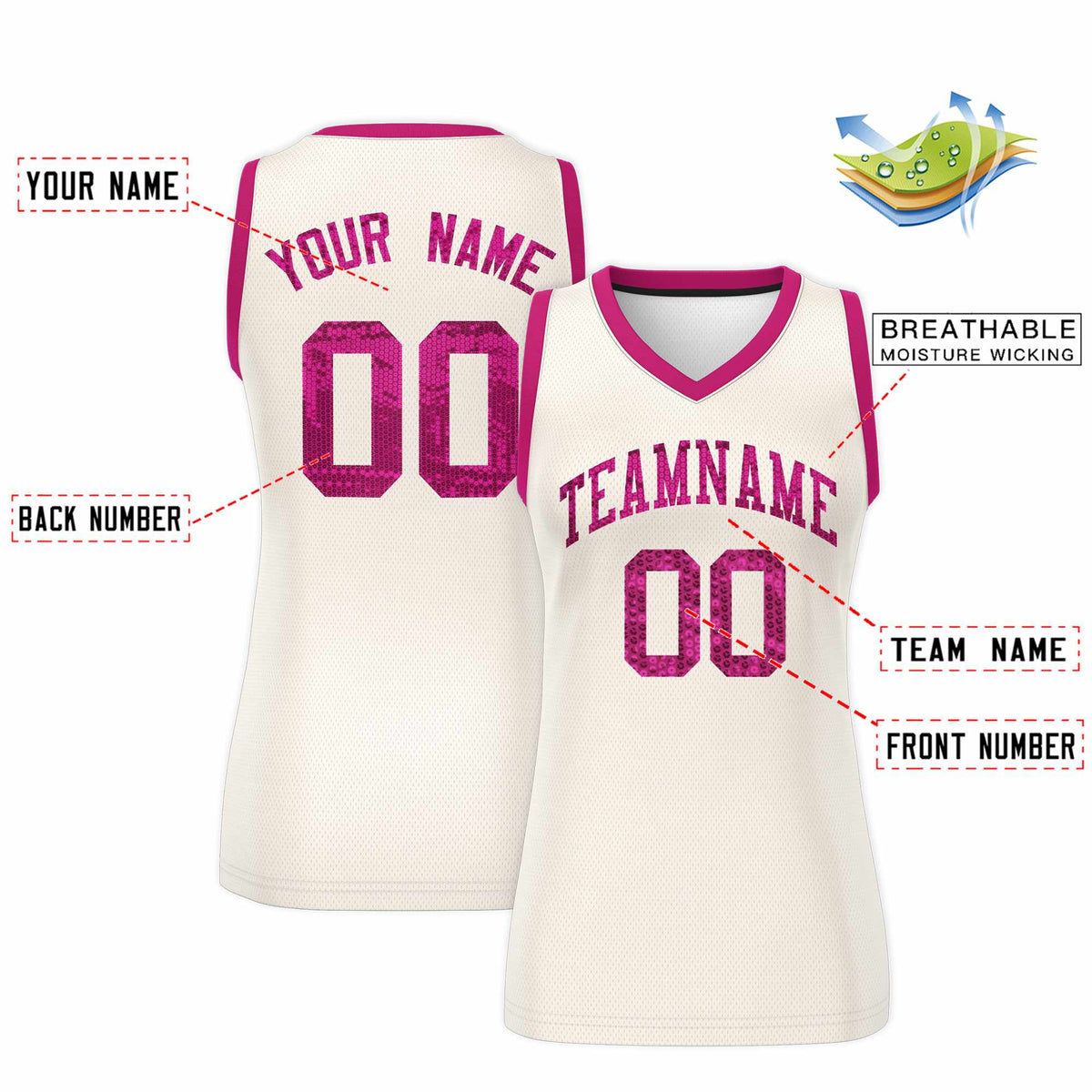 Custom Cream Pink Women Netball Sequined Dress