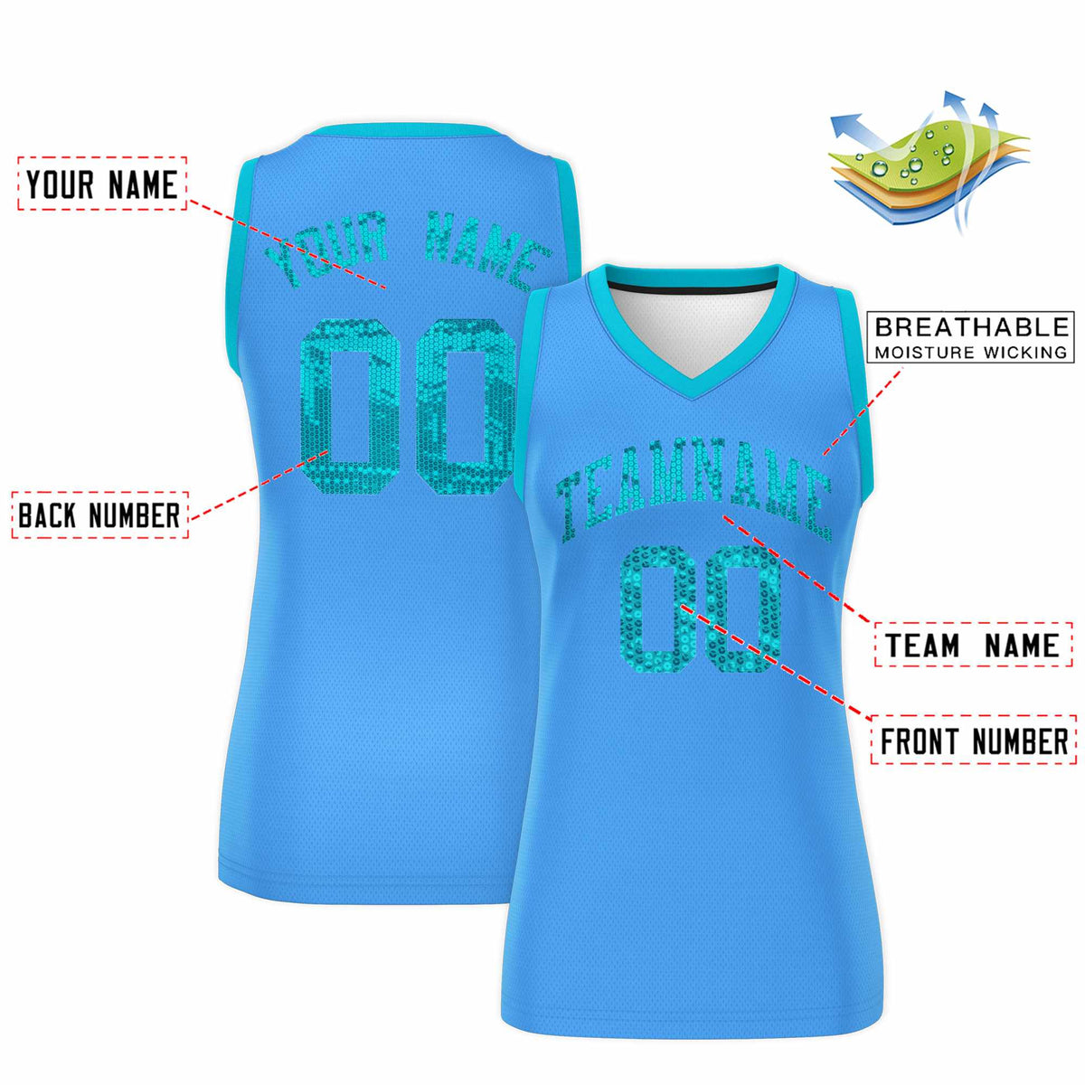 Custom Powder Blue Sky Blue Women Netball Sequined Dress