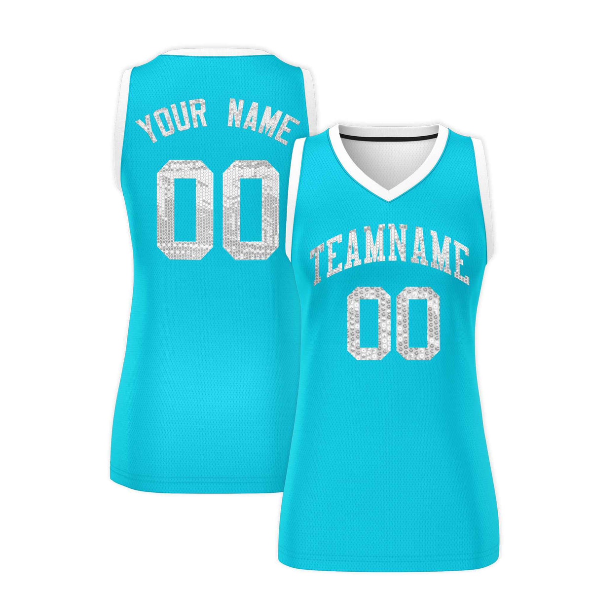 Custom Sky Blue White Women Netball Sequined Dress