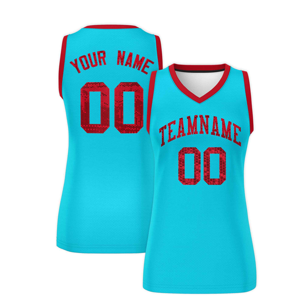 Custom Sky Blue Red Women Netball Sequined Dress