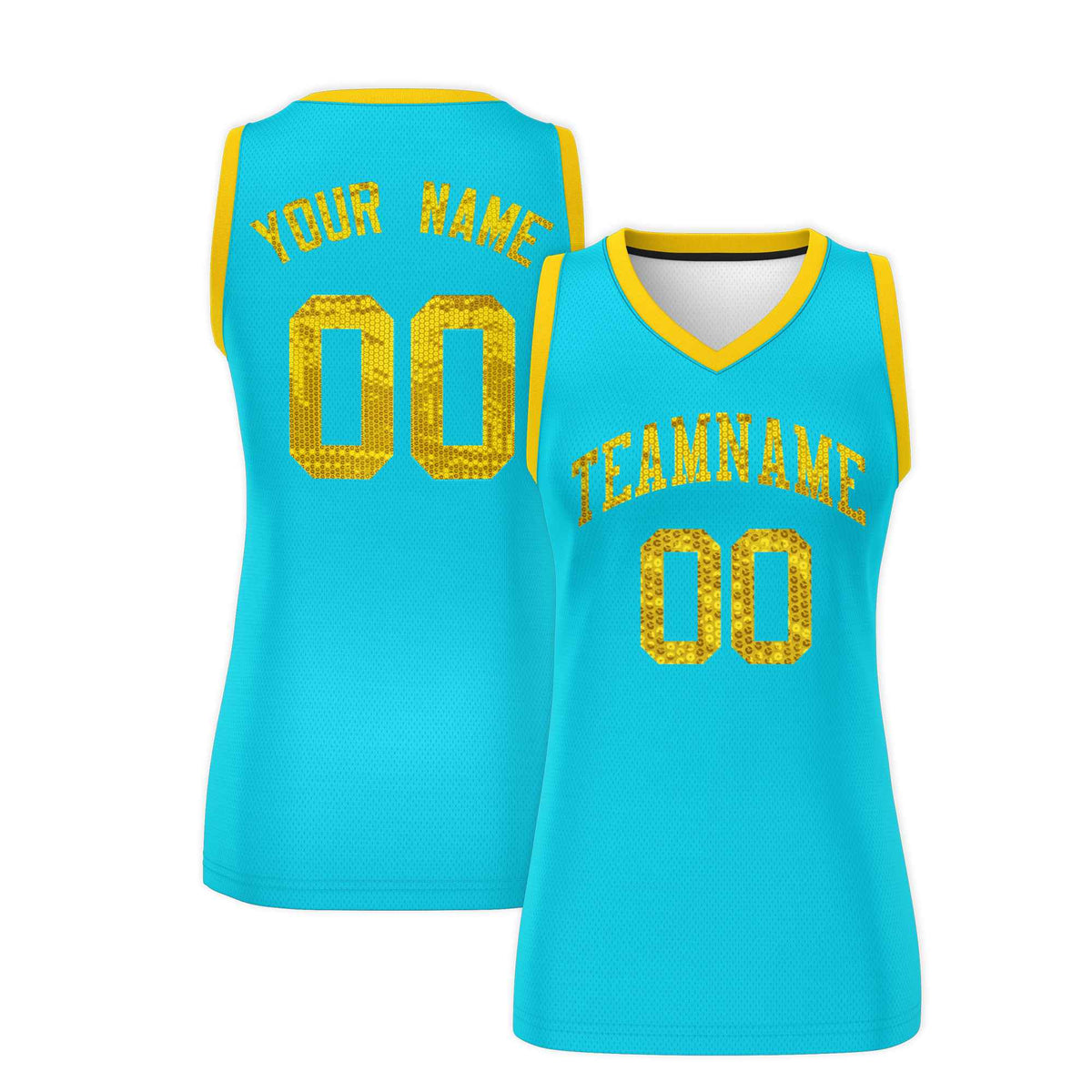 Custom Sky Blue Gold Women Netball Sequined Dress