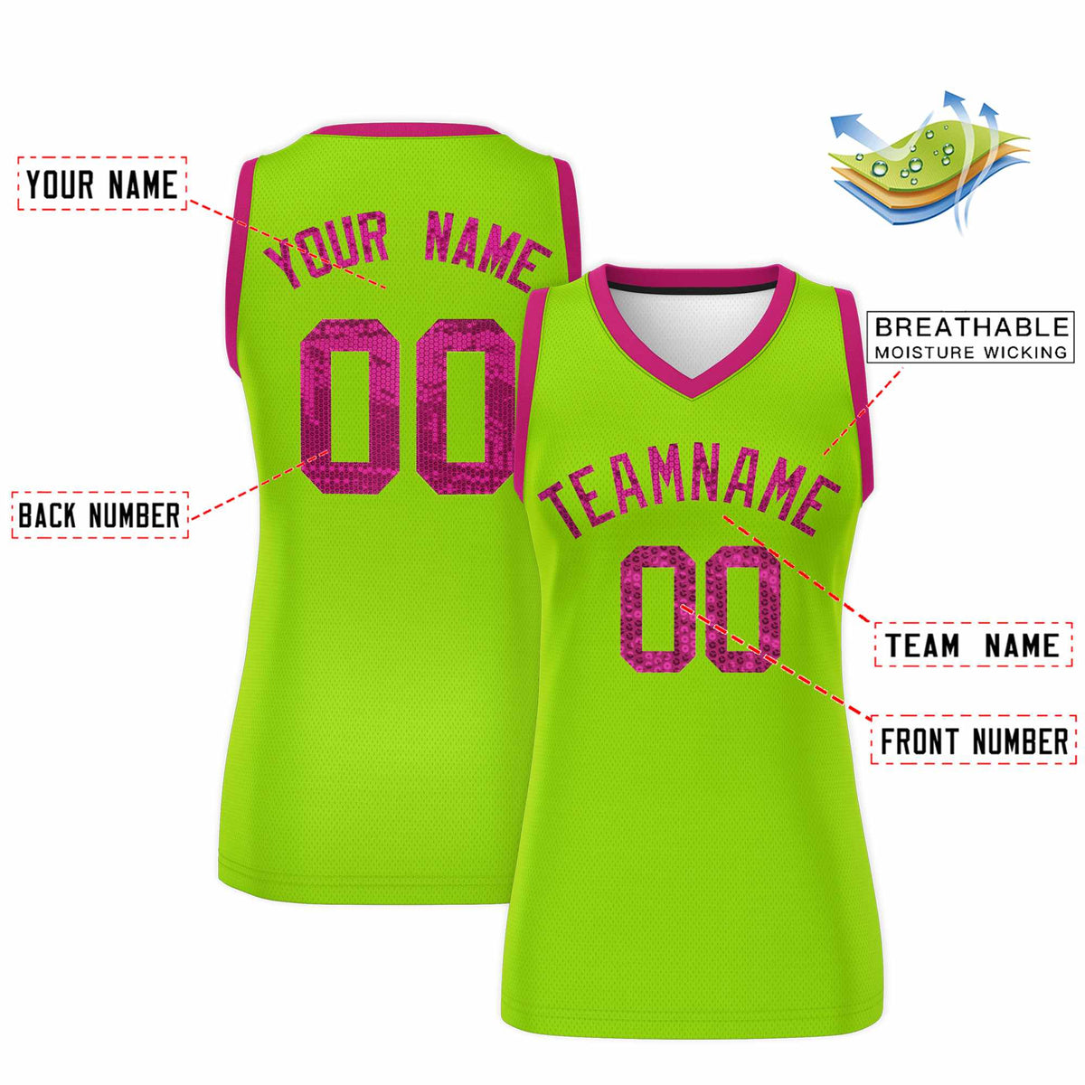Custom Neon Green Pink Women Netball Sequined Dress