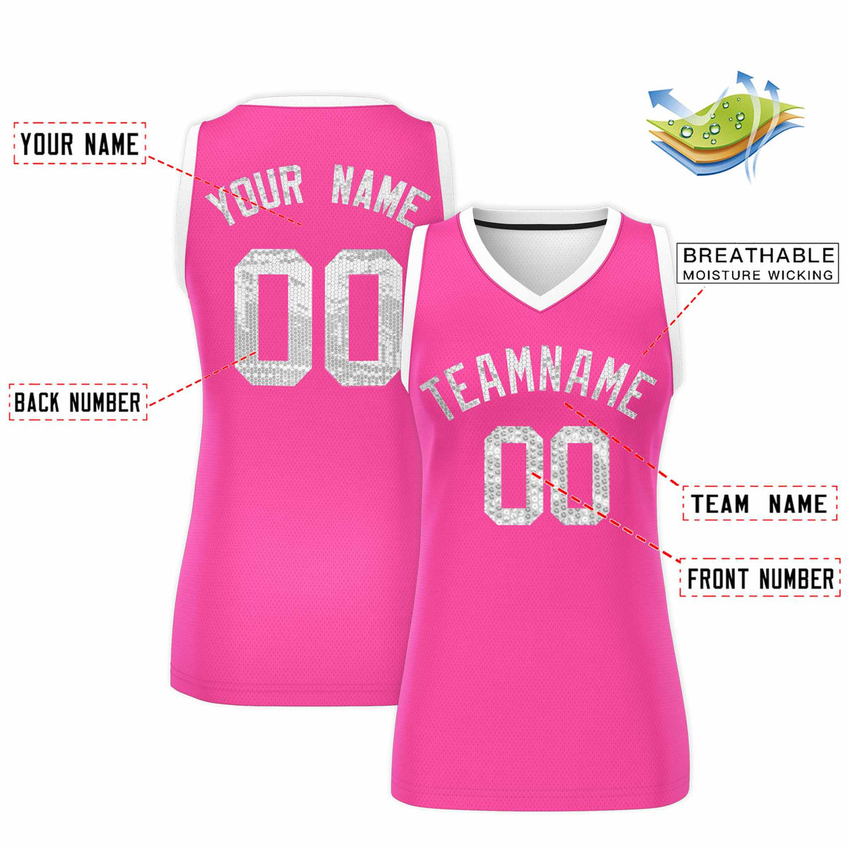 Custom Pink White Women Netball Sequined Dress