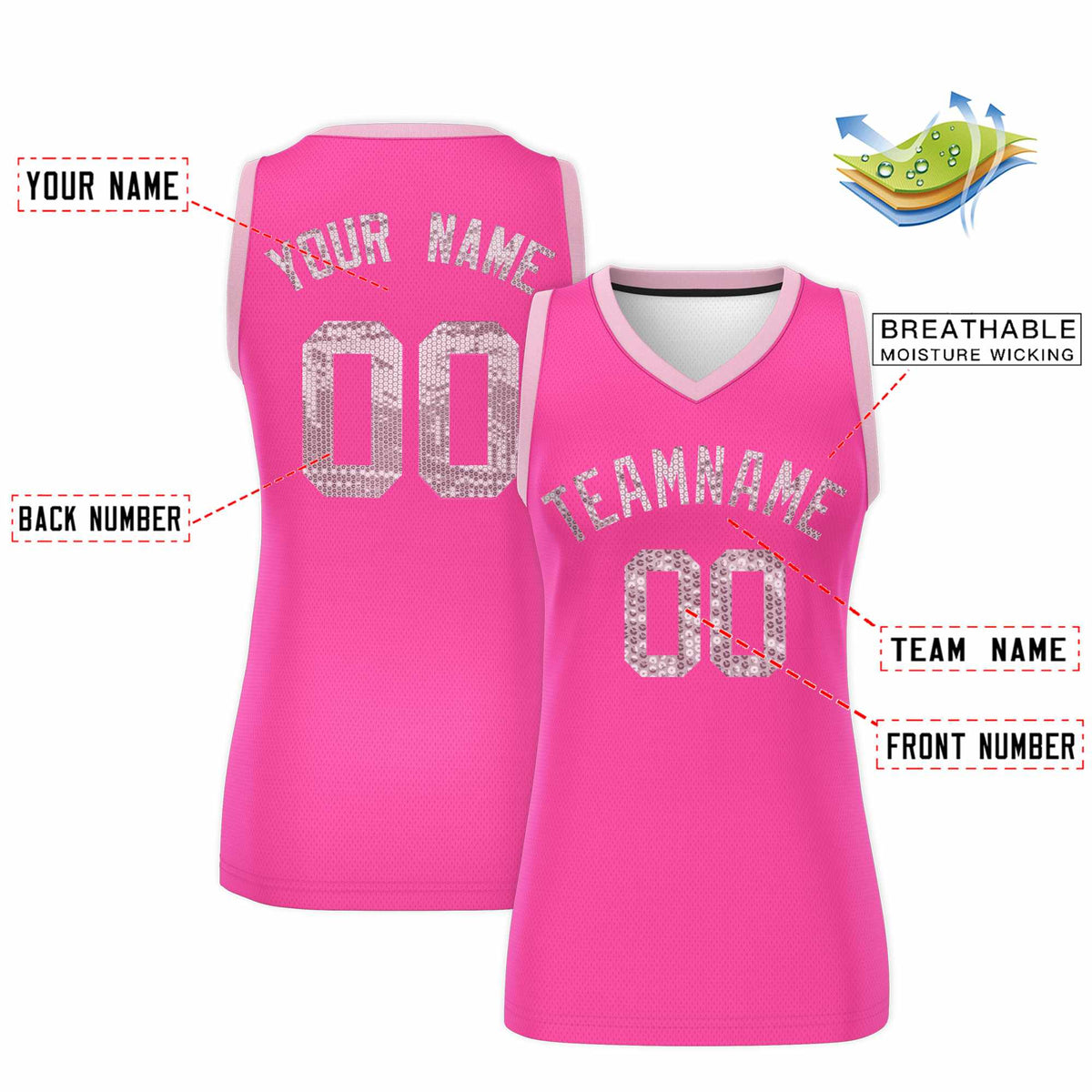 Custom Pink Light Pink Women Netball Sequined Dress