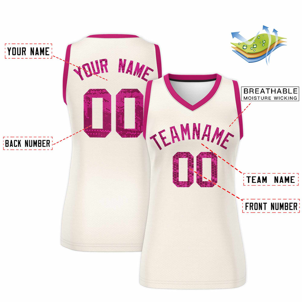Custom Cream Pink Women Netball Sequined Dress