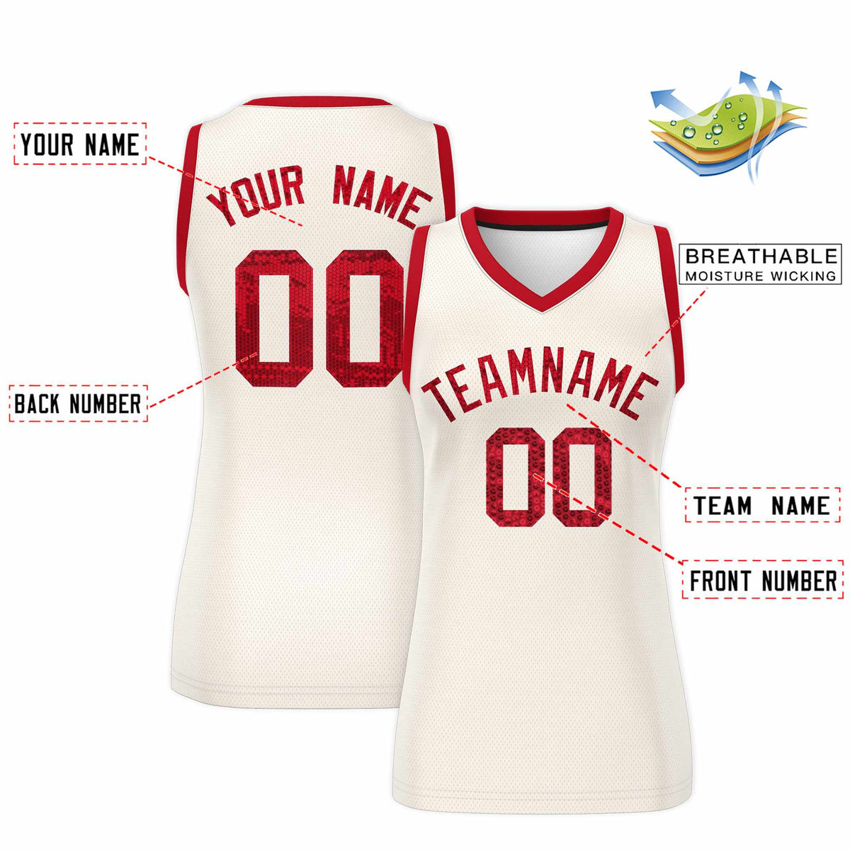 Custom Cream Red Women Netball Sequined Dress