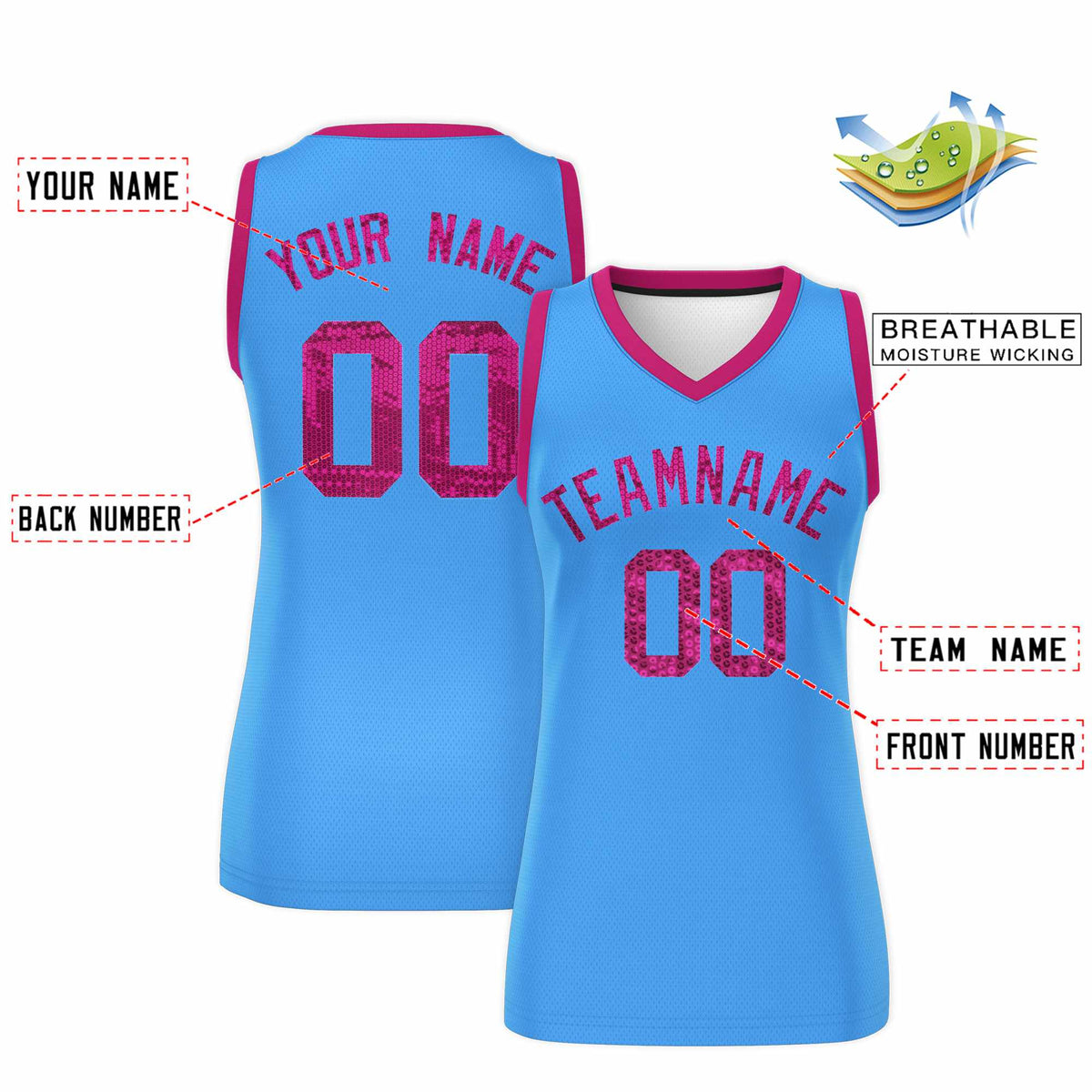 Custom Powder Blue Pink Women Netball Sequined Dress