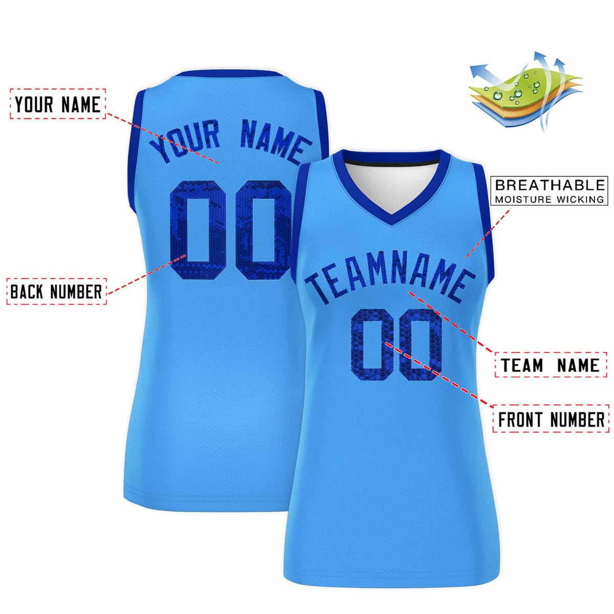 Custom Powder Blue Royal Women Netball Sequined Dress