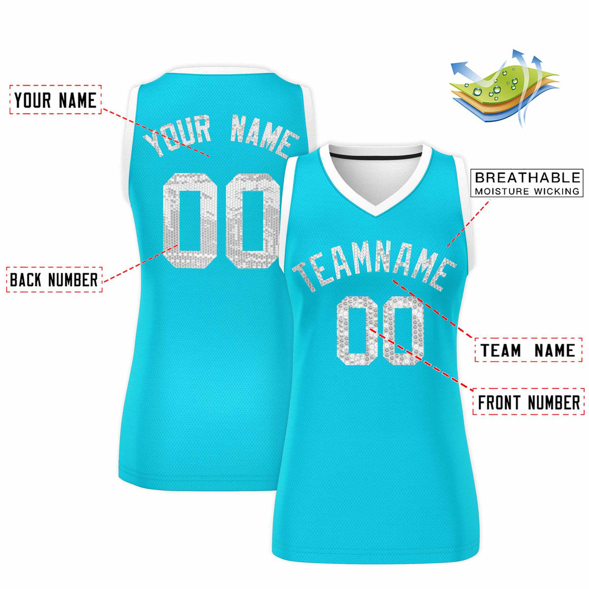 Custom Sky Blue White Women Netball Sequined Dress