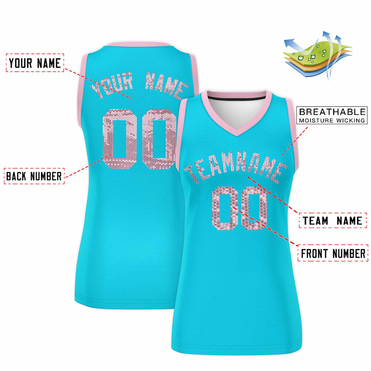 Custom Sky Blue Light Pink Women Netball Sequined Dress