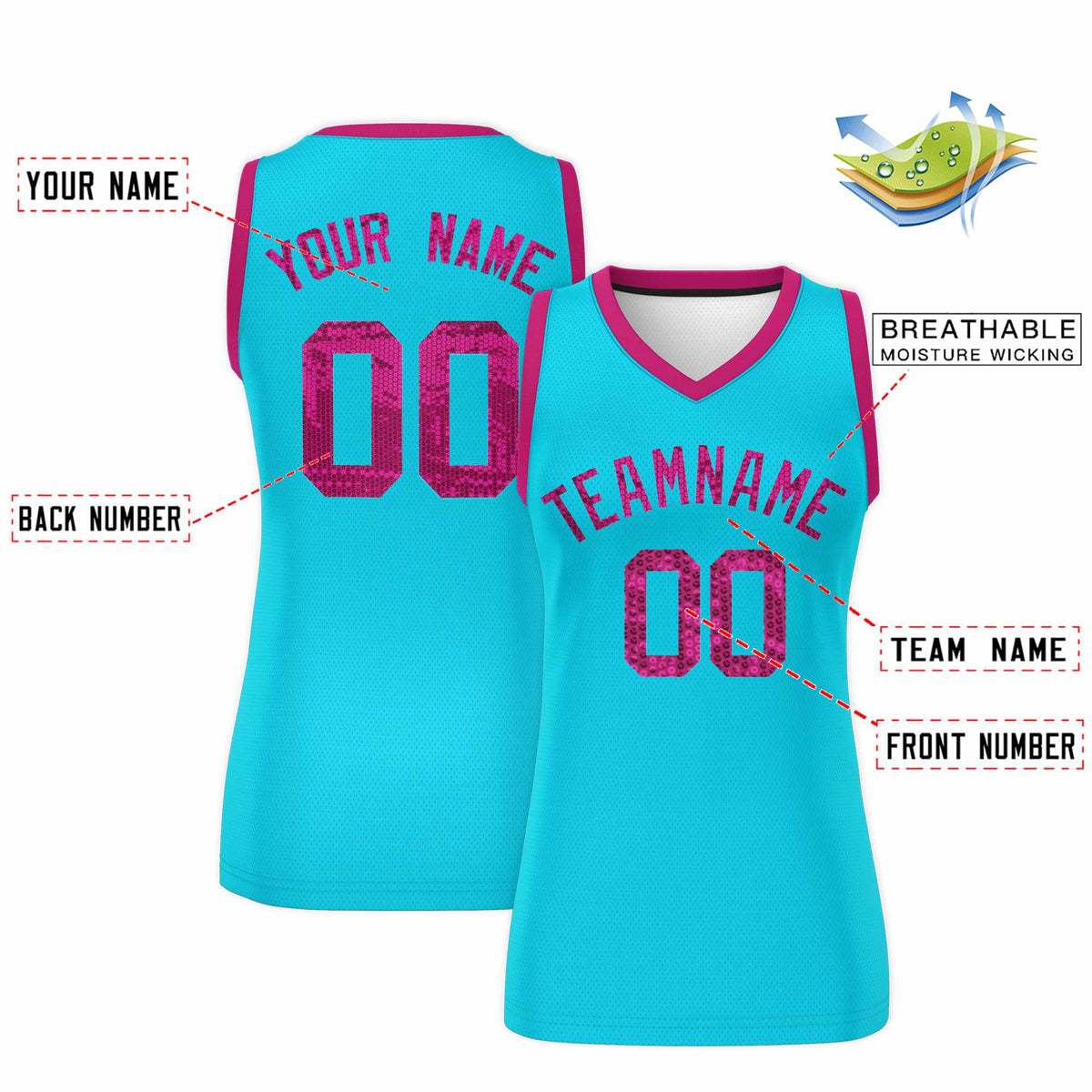 Custom Sky Blue Pink Women Netball Sequined Dress