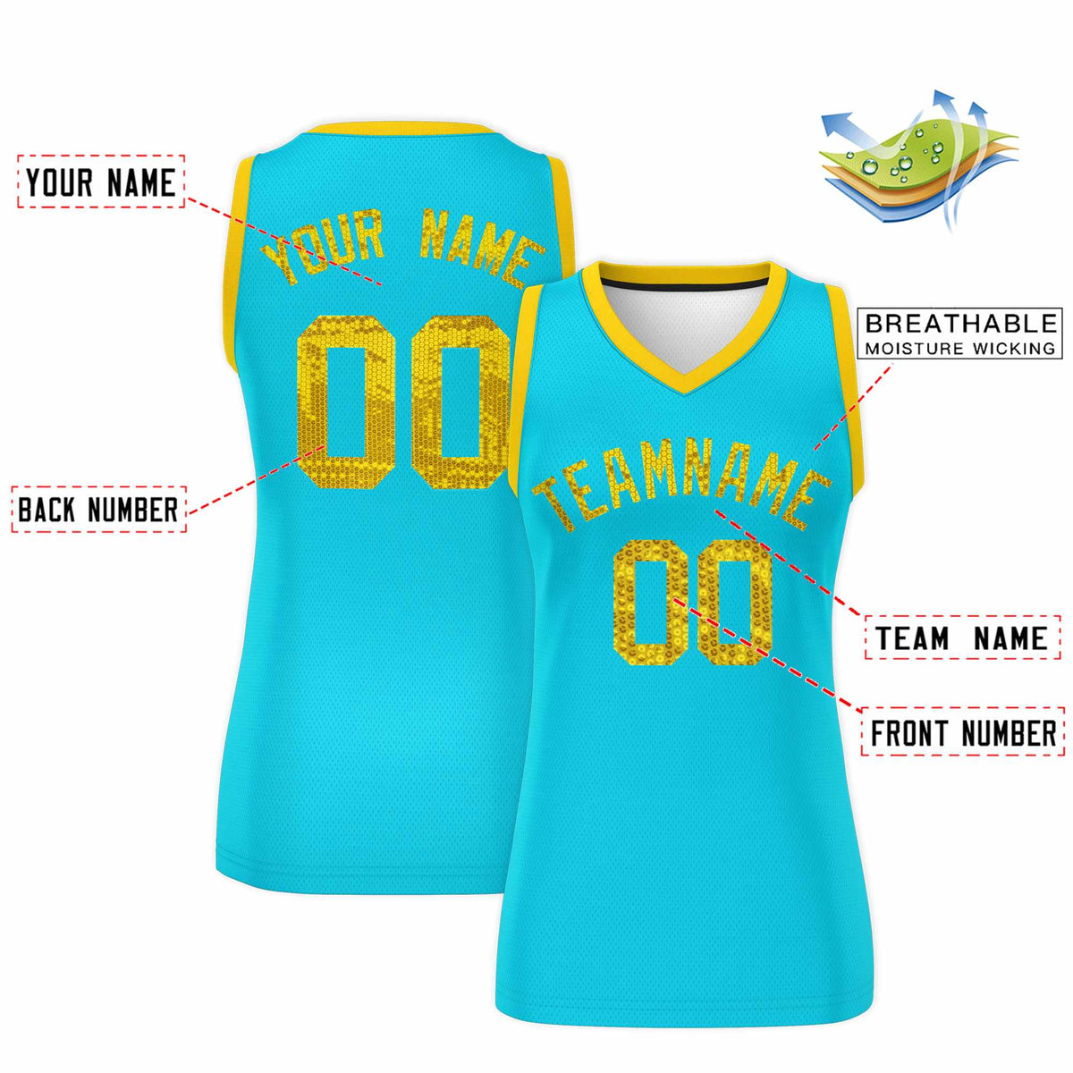 Custom Sky Blue Gold Women Netball Sequined Dress