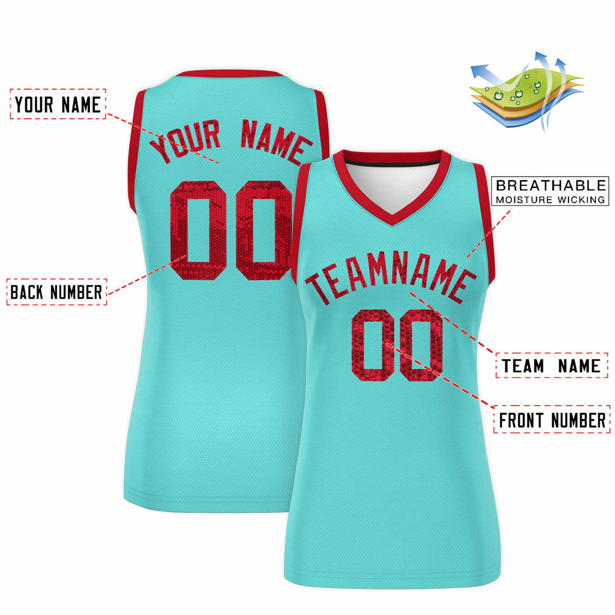 Custom Bright Green Red Women Netball Sequined Dress