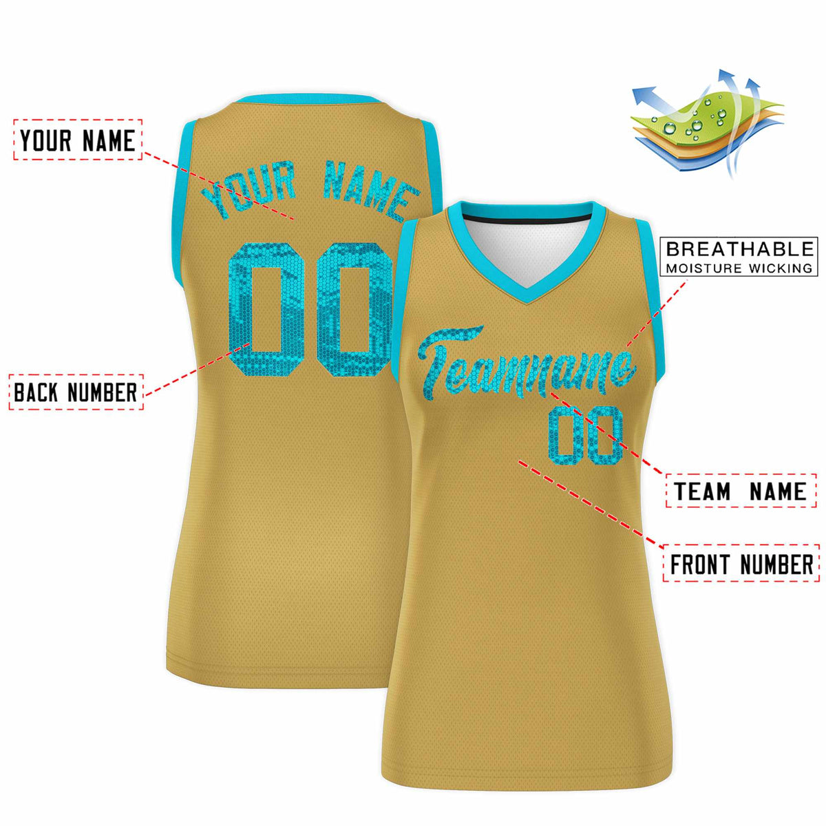Custom Old Gold Sky Blue Women Netball Sequined Dress