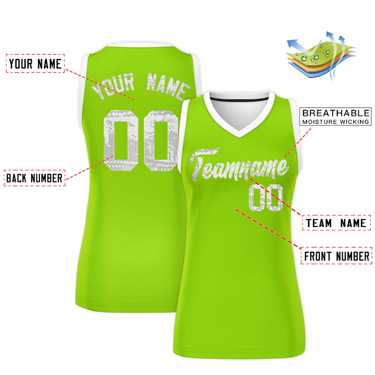 Custom Neon Green White Women Netball Sequined Dress