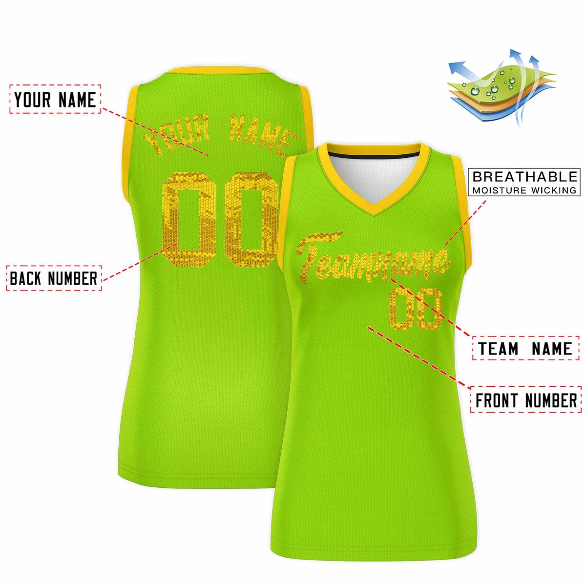 Custom Neon Green Gold Women Netball Sequined Dress