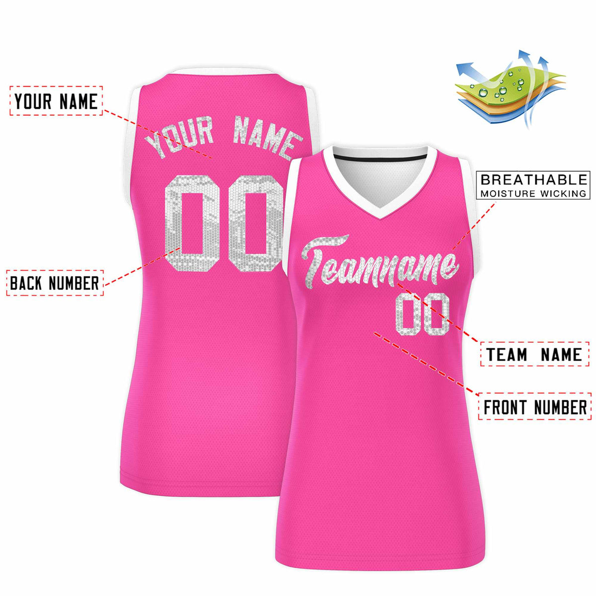 Custom Pink White Women Netball Sequined Dress