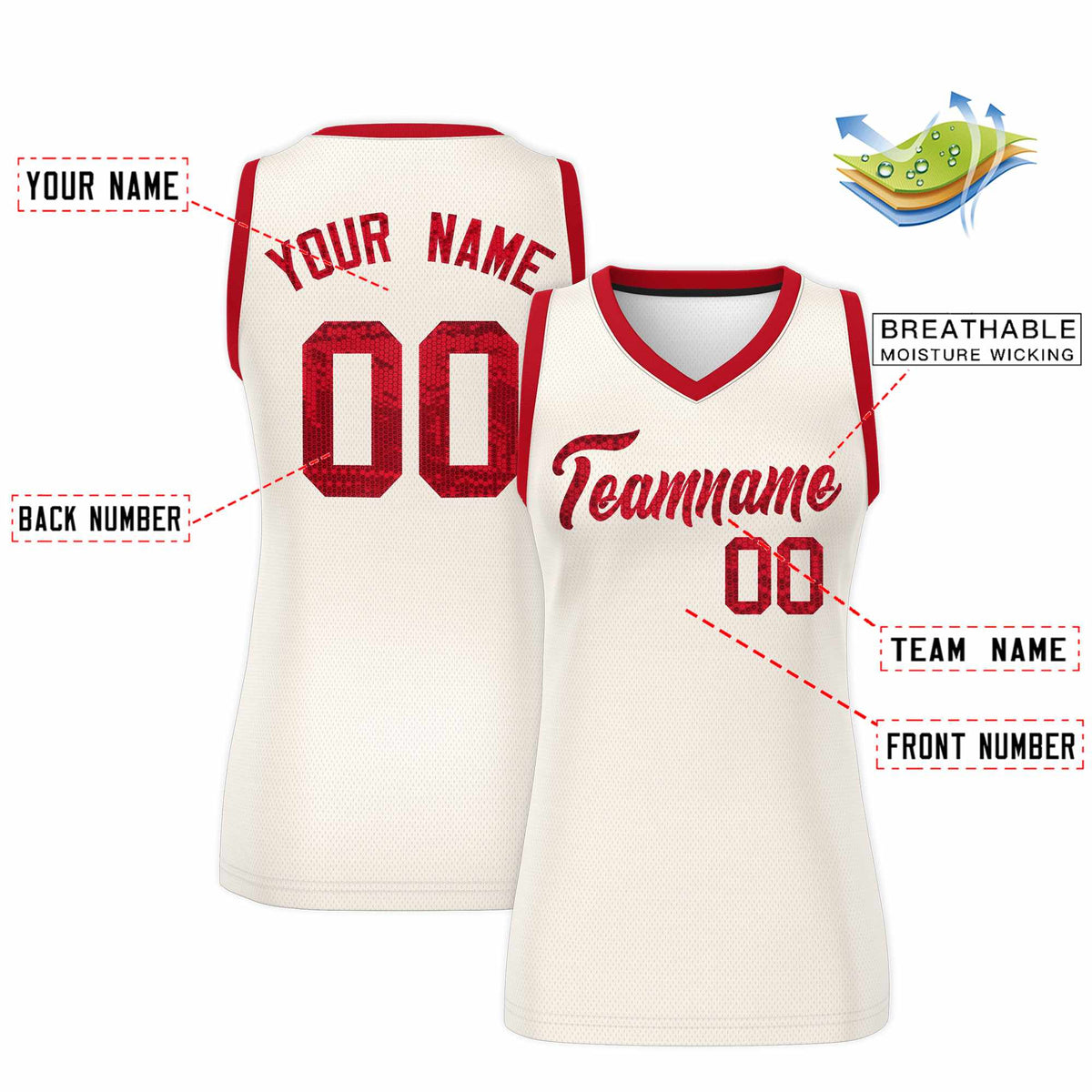 Custom Cream Red Women Netball Sequined Dress