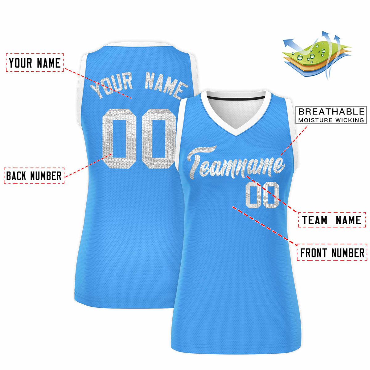 Custom Powder Blue White Women Netball Sequined Dress
