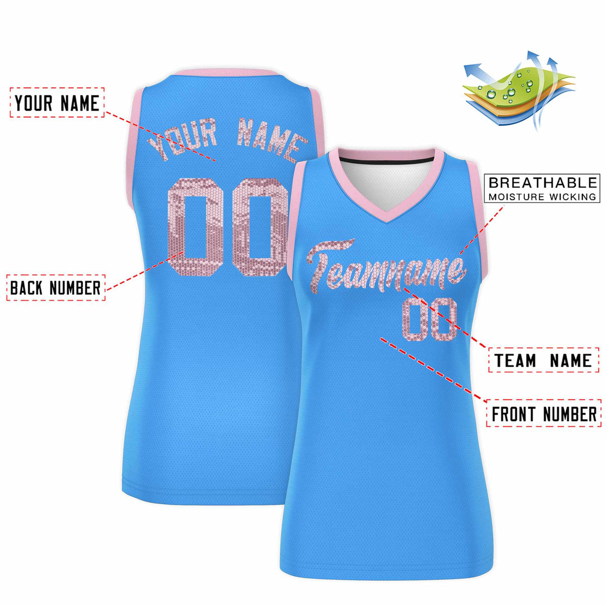 Custom Powder Blue Light Pink Women Netball Sequined Dress