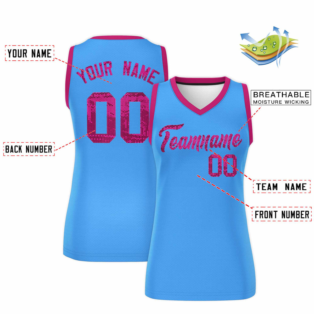 Custom Powder Blue Pink Women Netball Sequined Dress