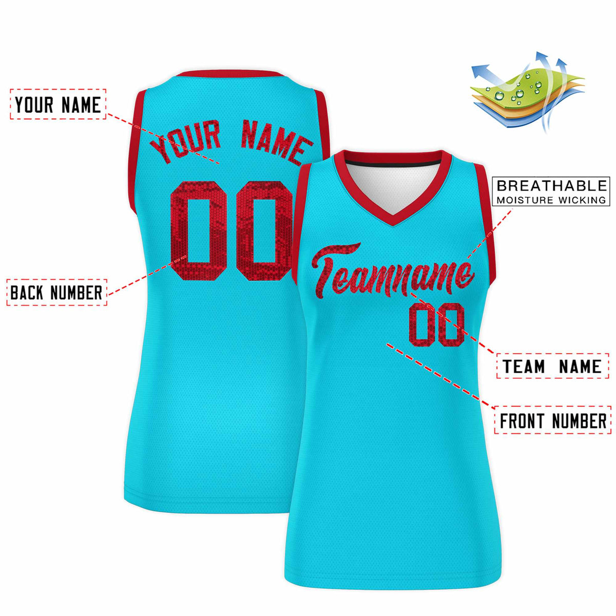 Custom Sky Blue Red Women Netball Sequined Dress