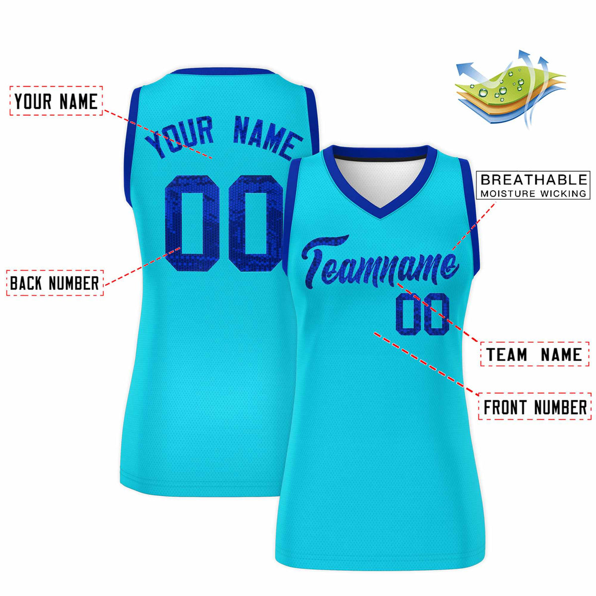 Custom Sky Blue Royal Women Netball Sequined Dress