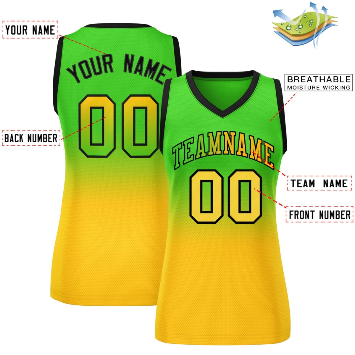 Custom Kelly Green Yellow Gradient Fashion Tops Mesh Netball Dress For Women