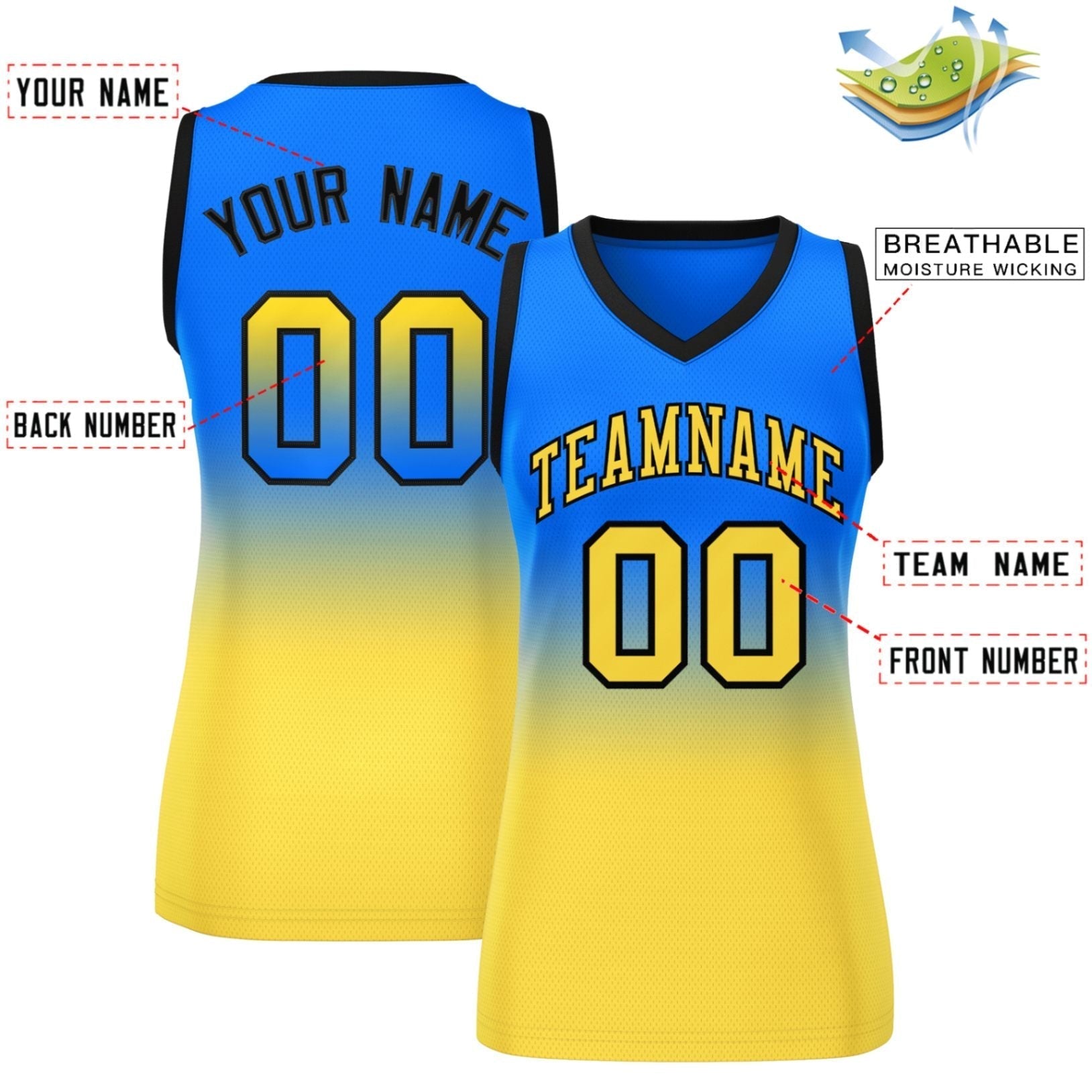 Custom Royal Gold Gradient Fashion Tops Mesh Netball Dress For Women