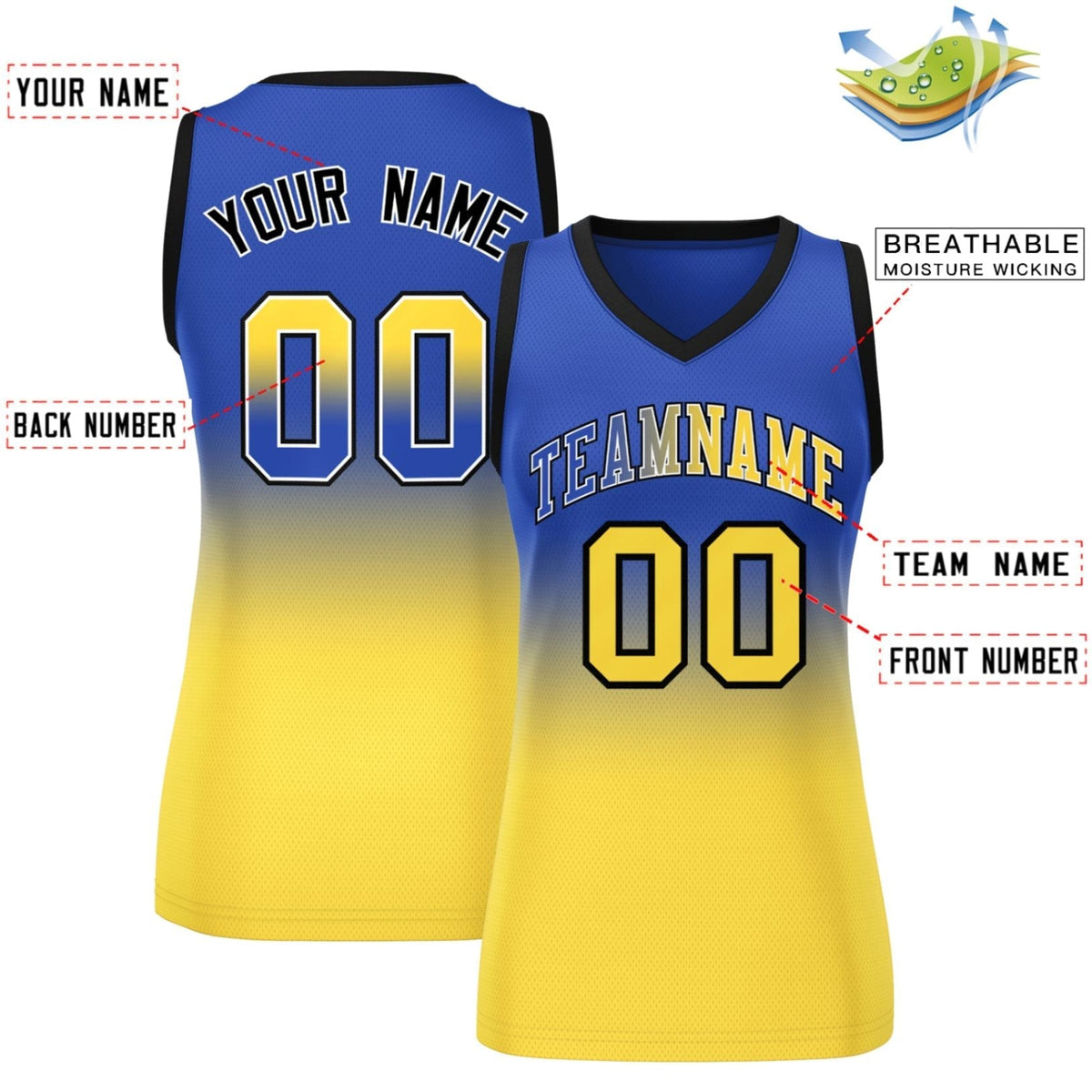 Custom Navy Gold Gradient Fashion Tops Mesh Netball Dress For Women