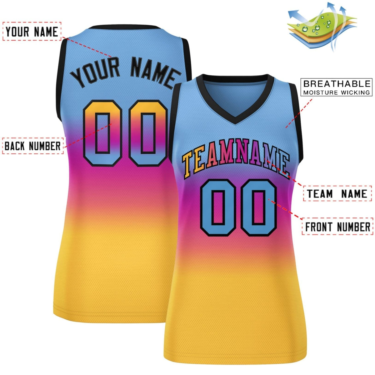 Custom Light Blue Pink-Yellow Gradient Fashion Tops Mesh Netball Dress For Women