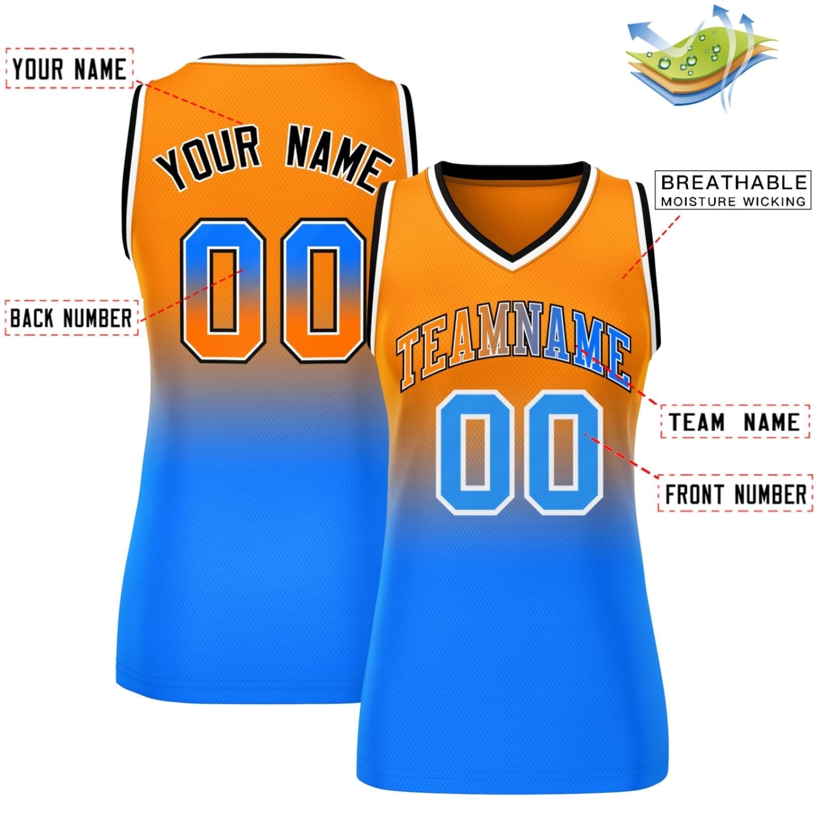 Custom Orange Royal Gradient Fashion Tops Mesh Netball Dress For Women