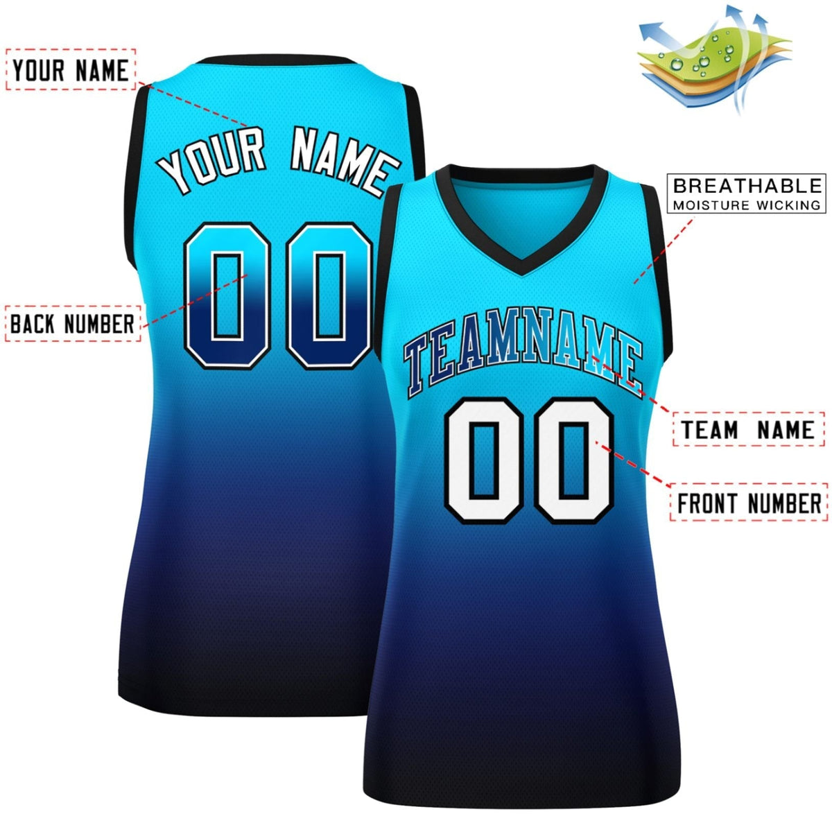 Custom Powder Blue Navy Gradient Fashion Tops Mesh Netball Dress For Women