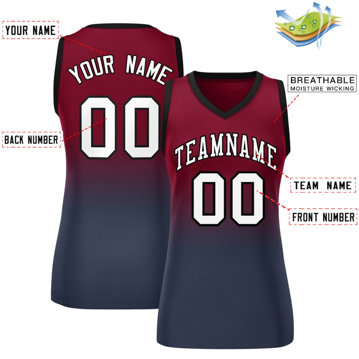 Custom Crimson Navy Gradient Fashion Tops Mesh Netball Dress For Women