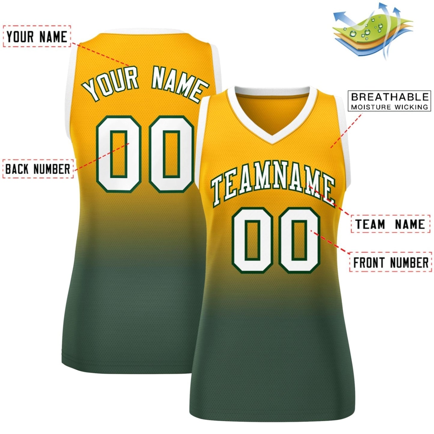 Custom Yellow Midnight Green Gradient Fashion Tops Mesh Netball Dress For Women