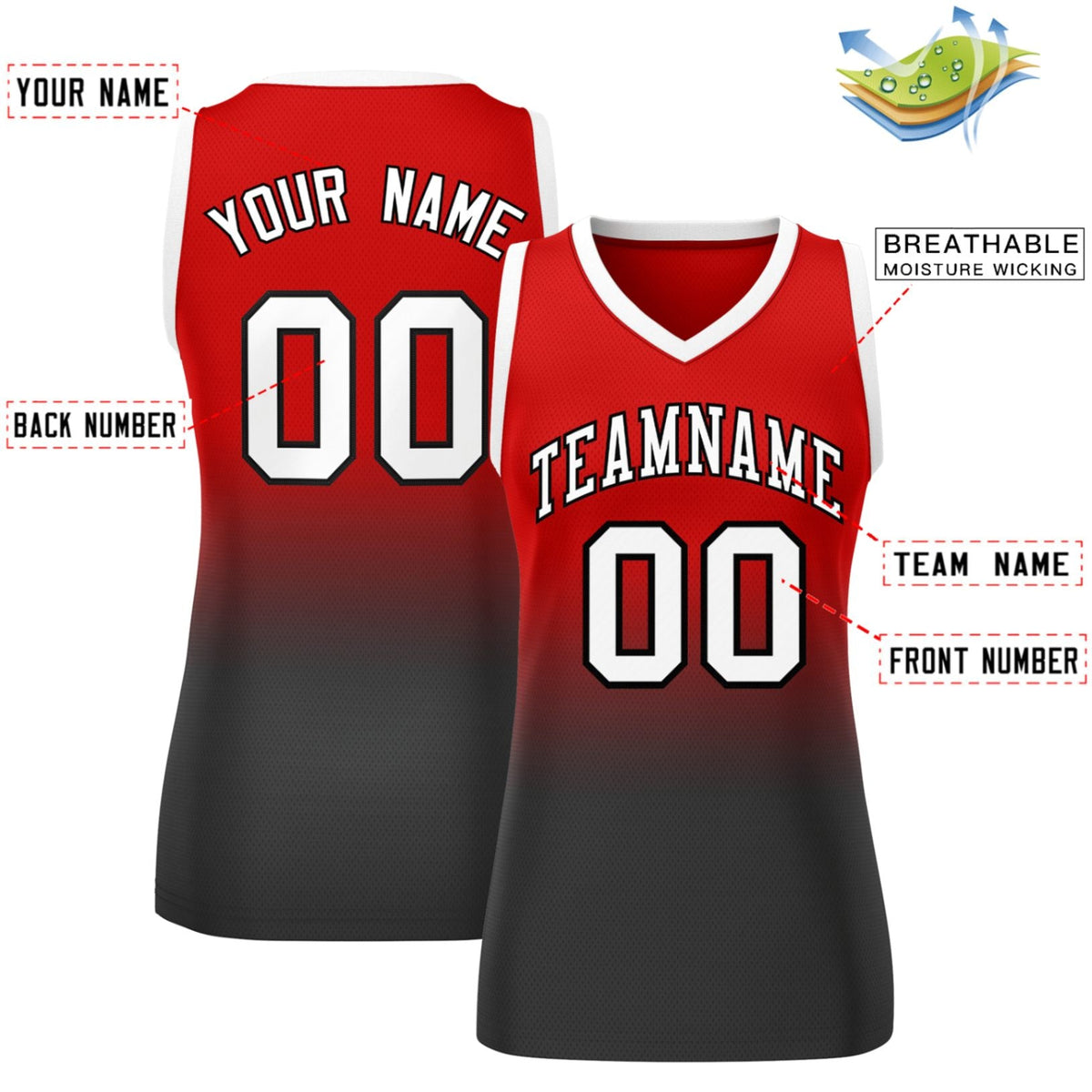 Custom Red Black Gradient Fashion Tops Mesh Netball Dress For Women